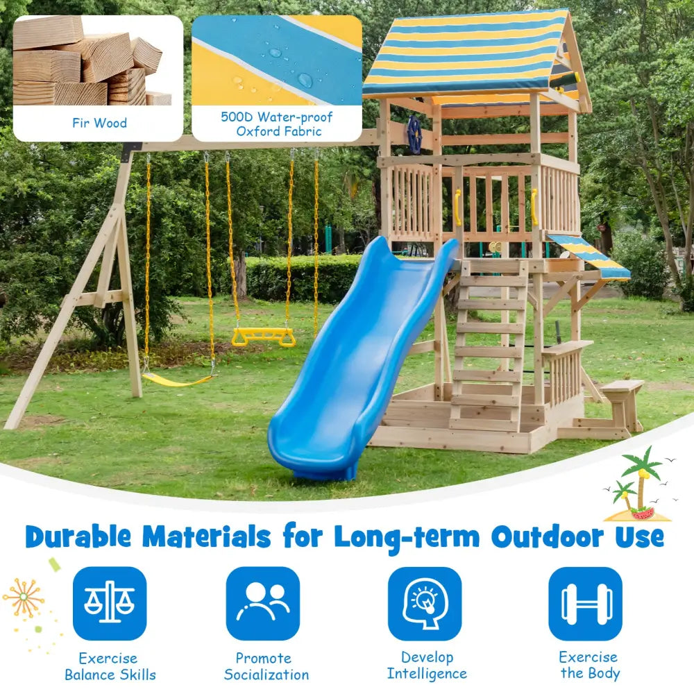 Wooden Swing Set with Large Upper Deck Slide and Steering Wheel - Multicolor - Swing & Playsets