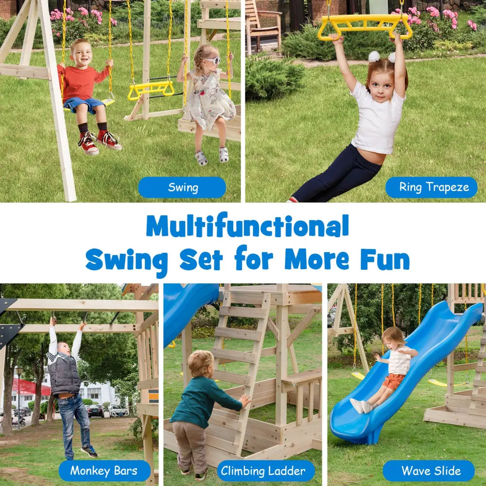 Wooden Swing Set with Large Upper Deck Slide and Steering Wheel - Multicolor - Swing & Playsets