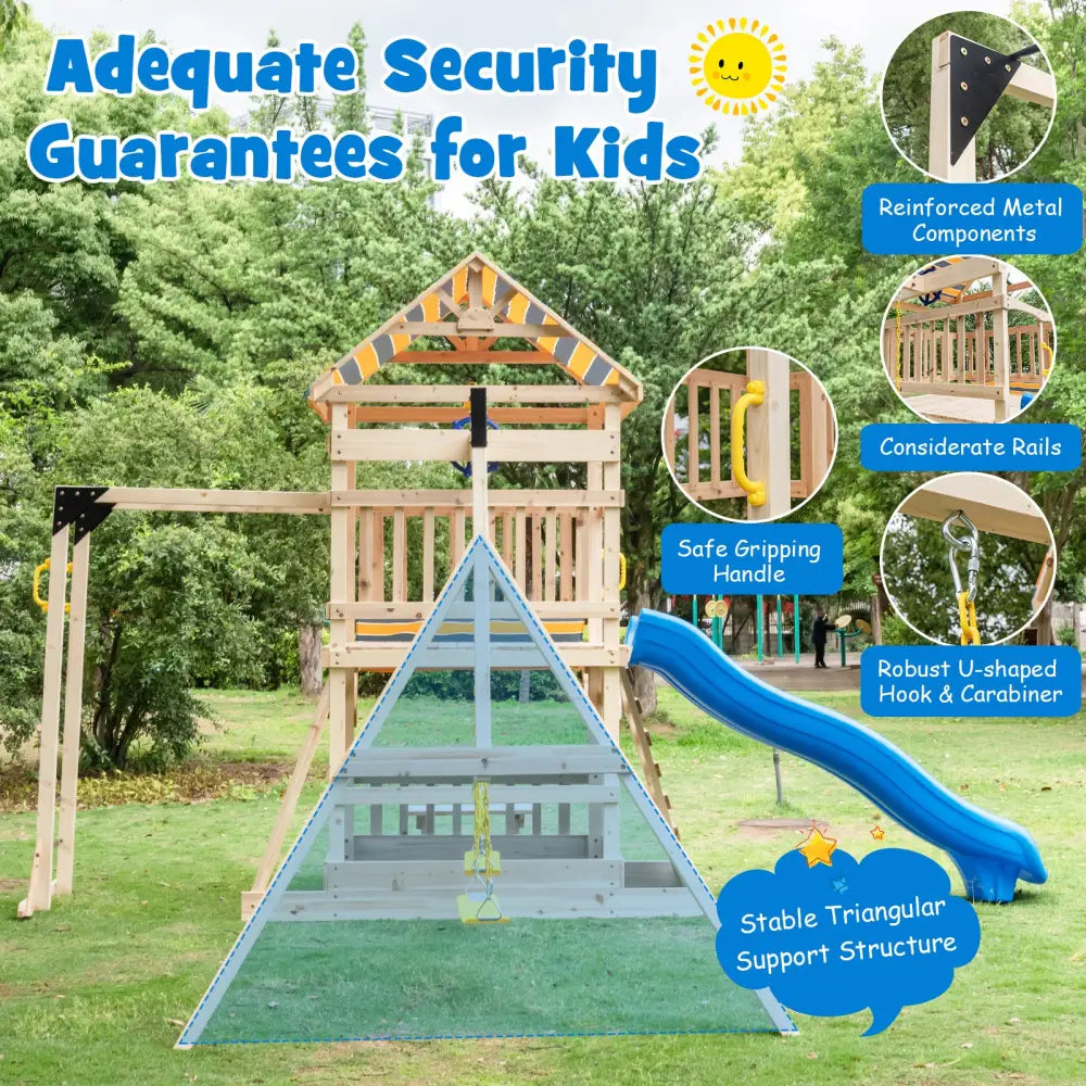 Wooden Swing Set with Large Upper Deck Slide and Steering Wheel - Multicolor - Swing & Playsets