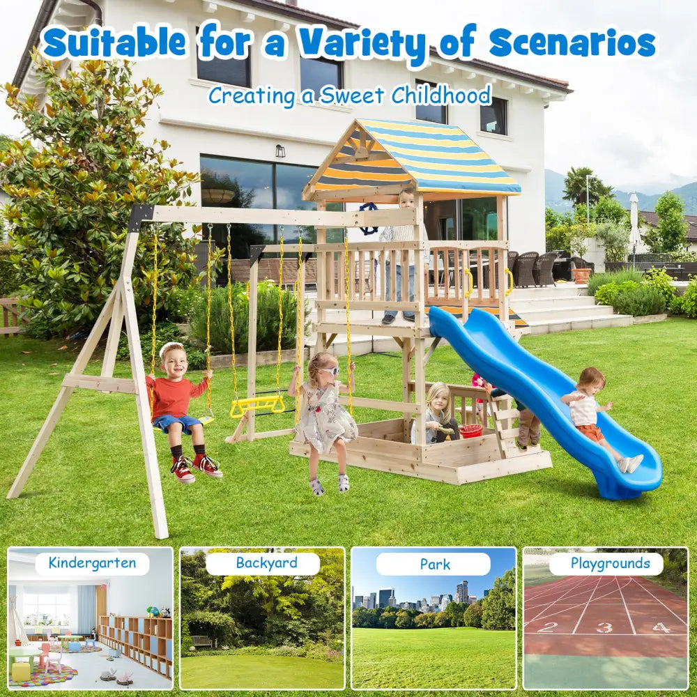 Wooden Swing Set with Large Upper Deck Slide and Steering Wheel - Multicolor - Swing & Playsets