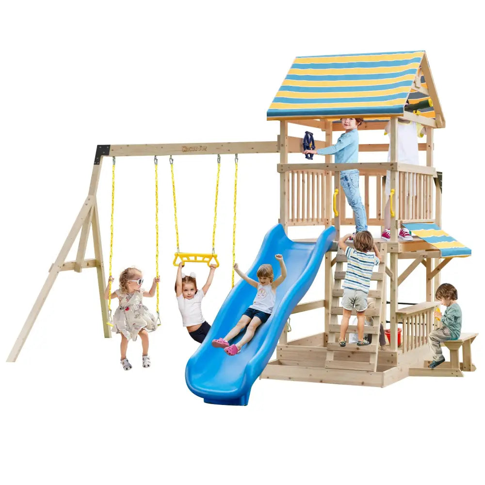 Wooden Swing Set with Large Upper Deck Slide and Steering Wheel - Multicolor - Swing & Playsets