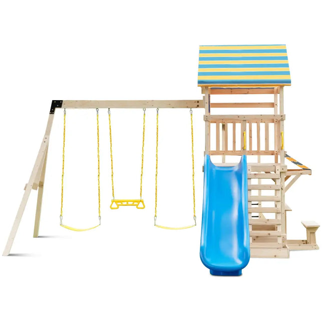 Wooden Swing Set with Large Upper Deck Slide and Steering Wheel - Multicolor - Swing & Playsets