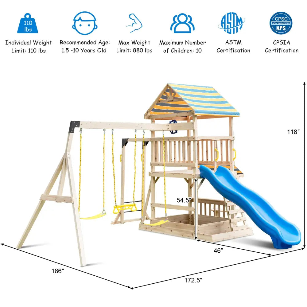 Wooden Swing Set with Large Upper Deck Slide and Steering Wheel - Multicolor - Swing & Playsets