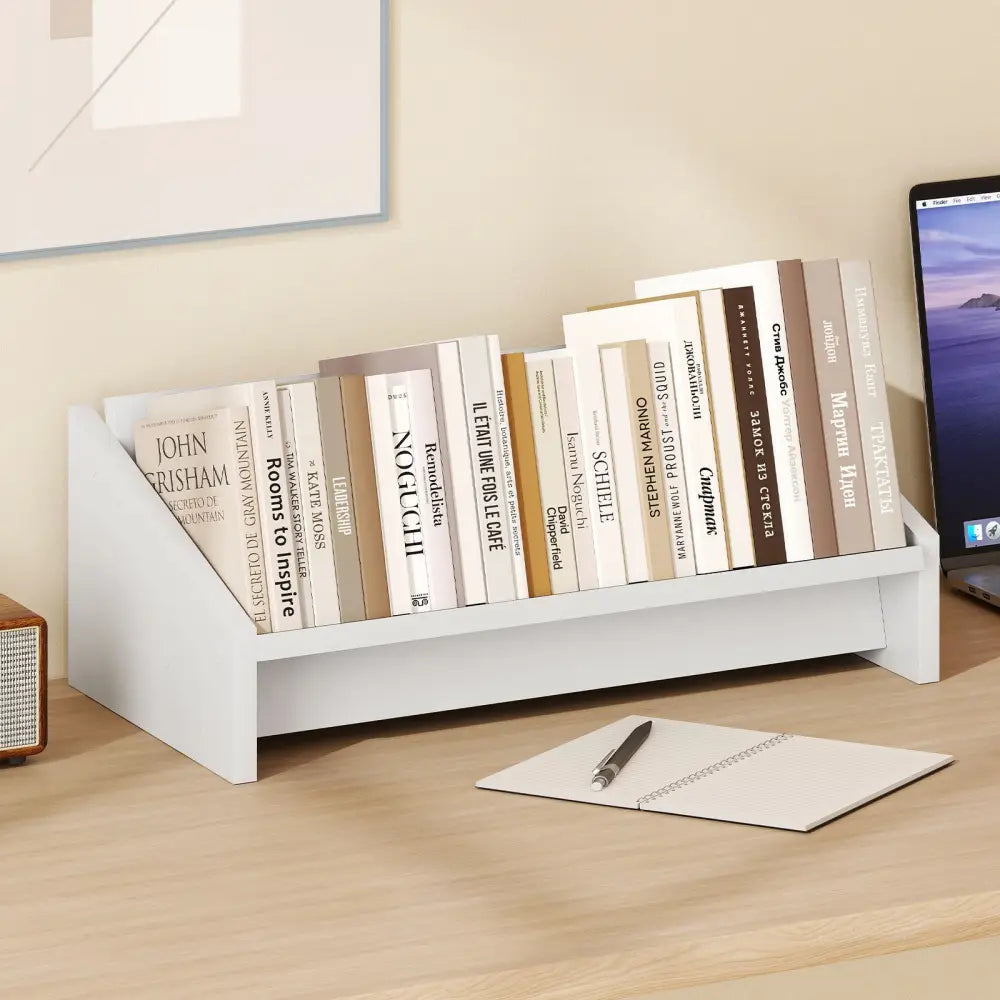 Wooden Tilting Bookcase Small Desktop Bookshelf Organizer for Magazines-White - White - Bookcases