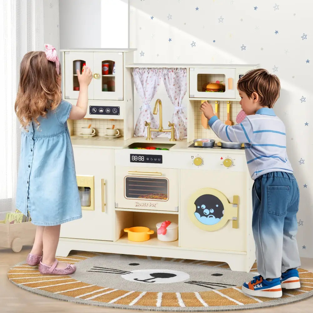 Wooden Toy Kitchen Playset with 14 Accessories for Aged 3+ Years-Beige - Beige - Play Kitchen Sets