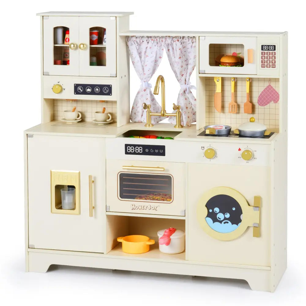 Wooden Toy Kitchen Playset with 14 Accessories for Aged 3+ Years-Beige - Beige - Play Kitchen Sets