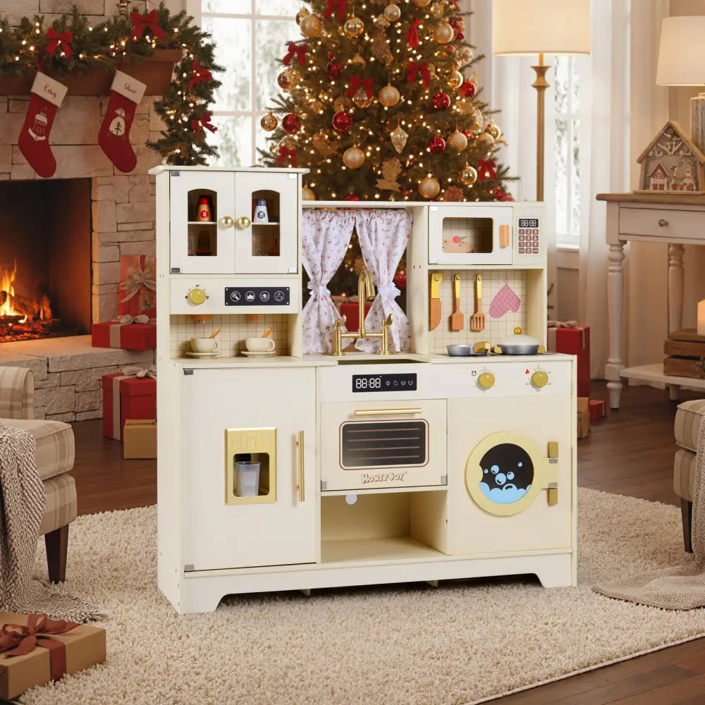 Wooden Toy Kitchen Playset with 14 Accessories for Aged 3+ Years-Beige - Beige - Play Kitchen Sets