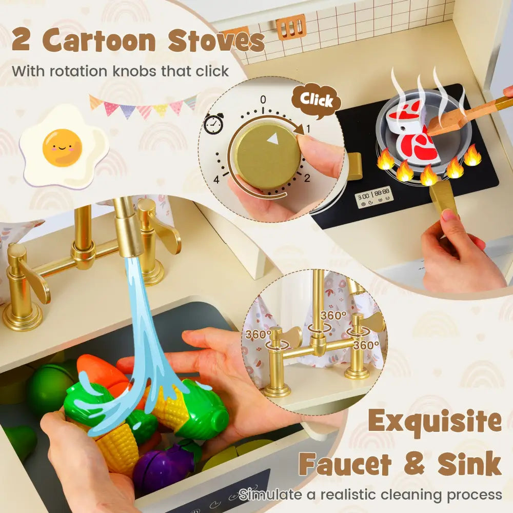 Wooden Toy Kitchen Playset with 14 Accessories for Aged 3+ Years-Beige - Beige - Play Kitchen Sets