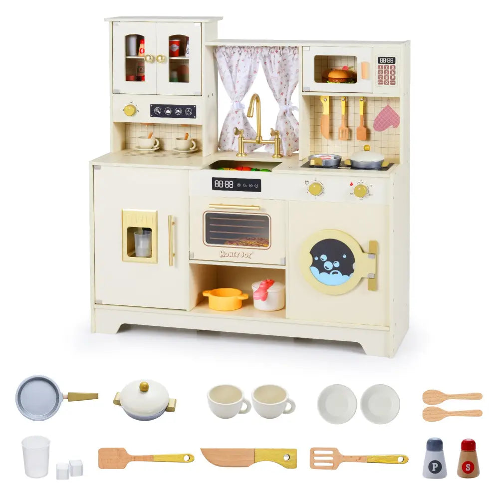 Wooden Toy Kitchen Playset with 14 Accessories for Aged 3+ Years-Beige - Beige - Play Kitchen Sets