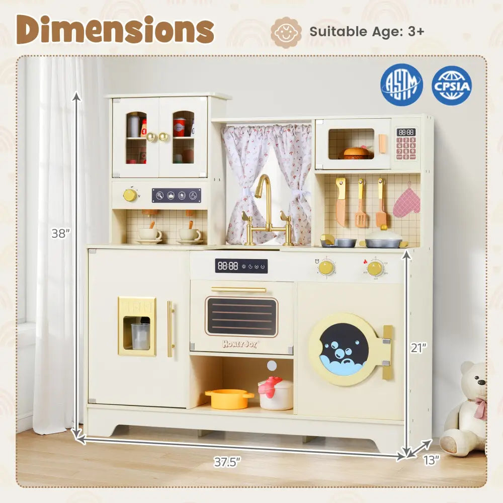 Wooden Toy Kitchen Playset with 14 Accessories for Aged 3+ Years-Beige - Beige - Play Kitchen Sets