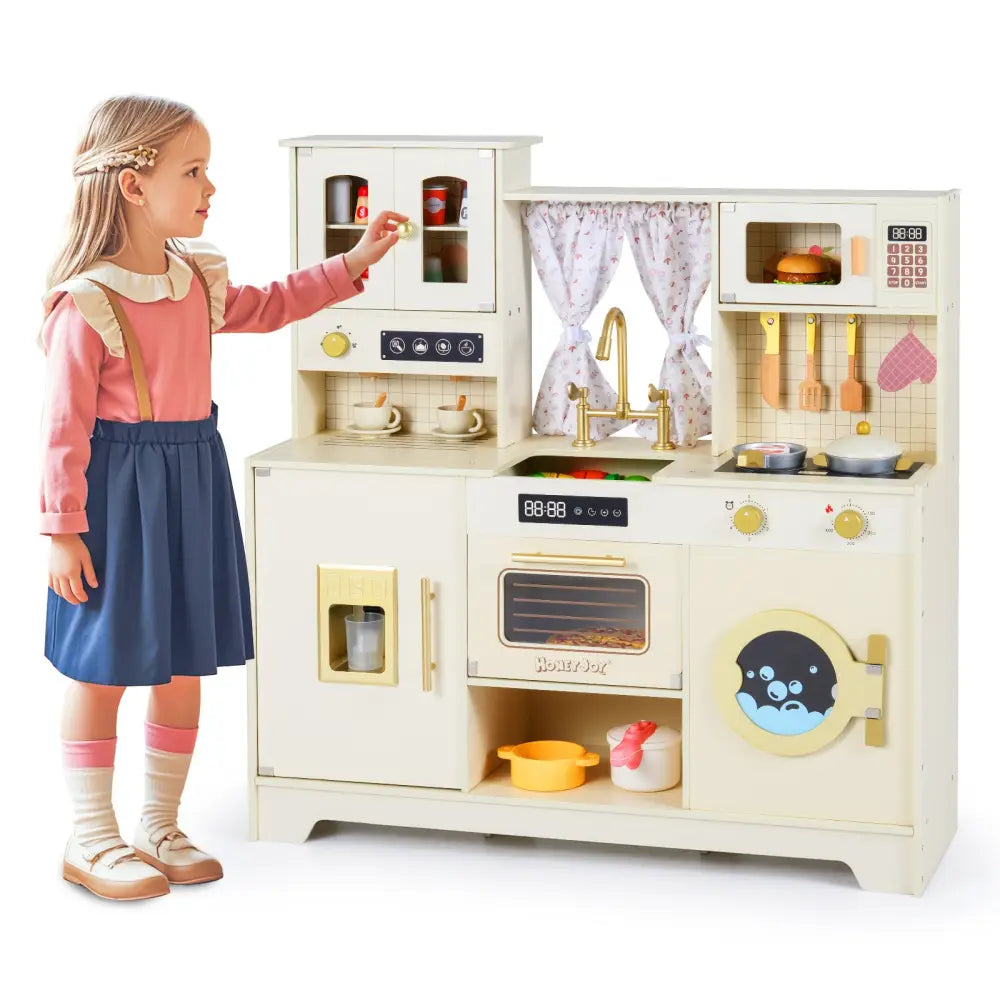 Wooden Toy Kitchen Playset with 14 Accessories for Aged 3+ Years-Beige - Beige - Play Kitchen Sets