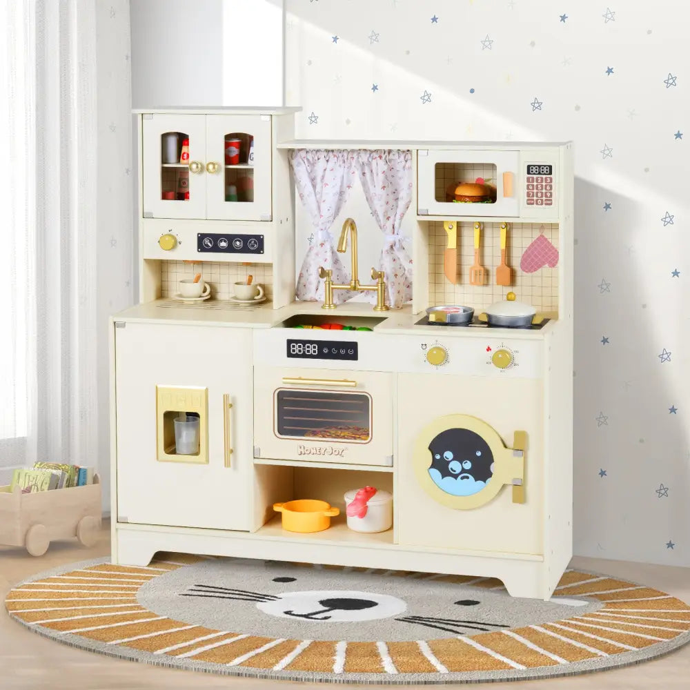 Wooden Toy Kitchen Playset with 14 Accessories for Aged 3+ Years-Beige - Beige - Play Kitchen Sets