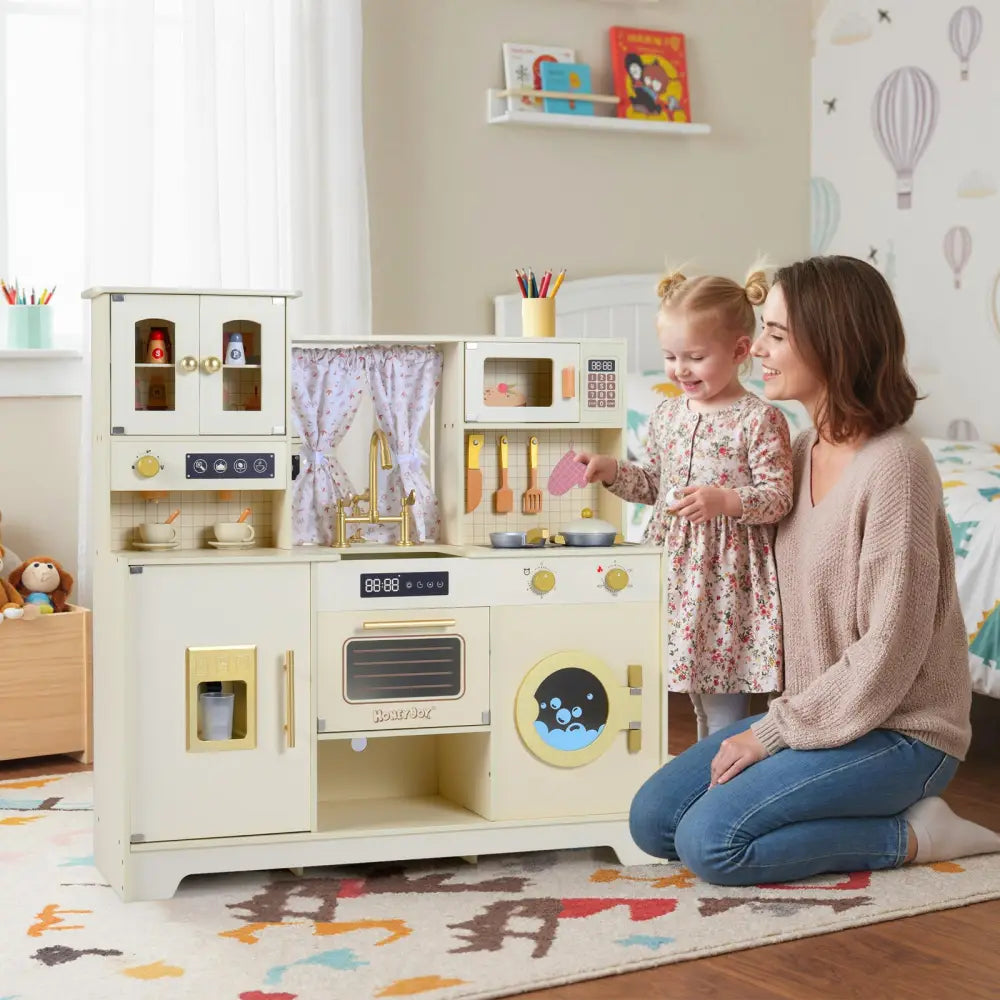 Wooden Toy Kitchen Playset with 14 Accessories for Aged 3+ Years-Beige - Beige - Play Kitchen Sets