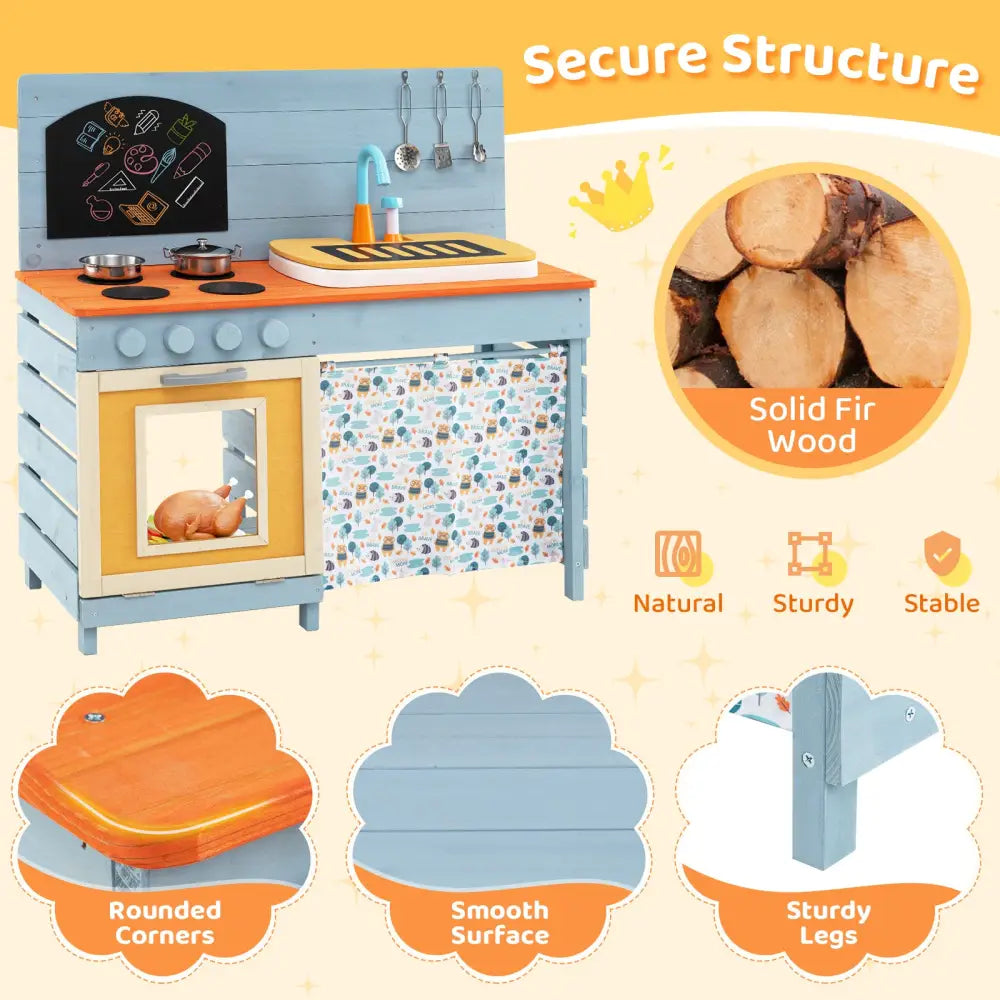 Wooden Toy Kitchen Playset with Removable Circulation Faucet and Cooking Accessories-Blue - Blue - Play Kitchen Sets