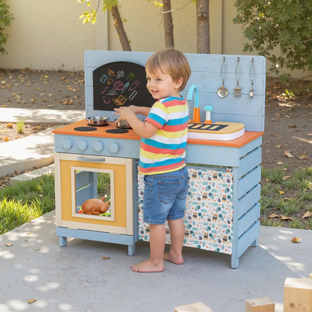 Wooden Toy Kitchen Playset with Removable Circulation Faucet and Cooking Accessories-Blue - Blue - Play Kitchen Sets