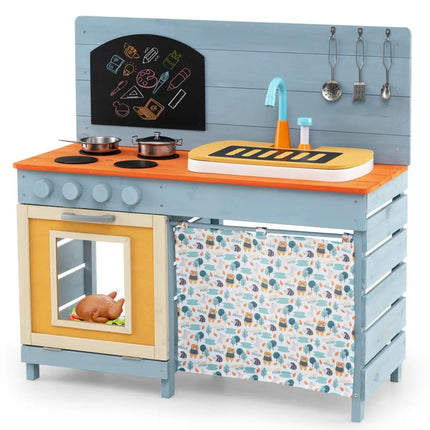 Wooden Toy Kitchen Playset with Removable Circulation Faucet and Cooking Accessories - Blue - Oasis Home Essentials