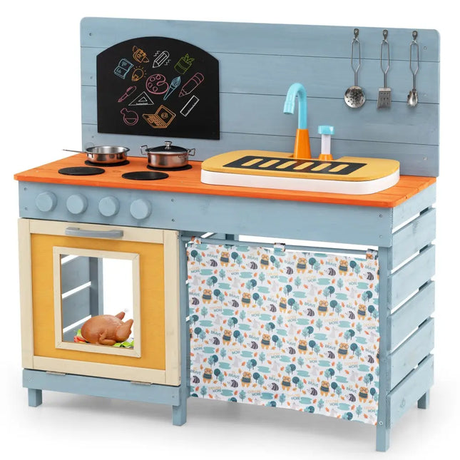 Wooden Toy Kitchen Playset with Removable Circulation Faucet and Cooking Accessories - Blue - Oasis Home Essentials