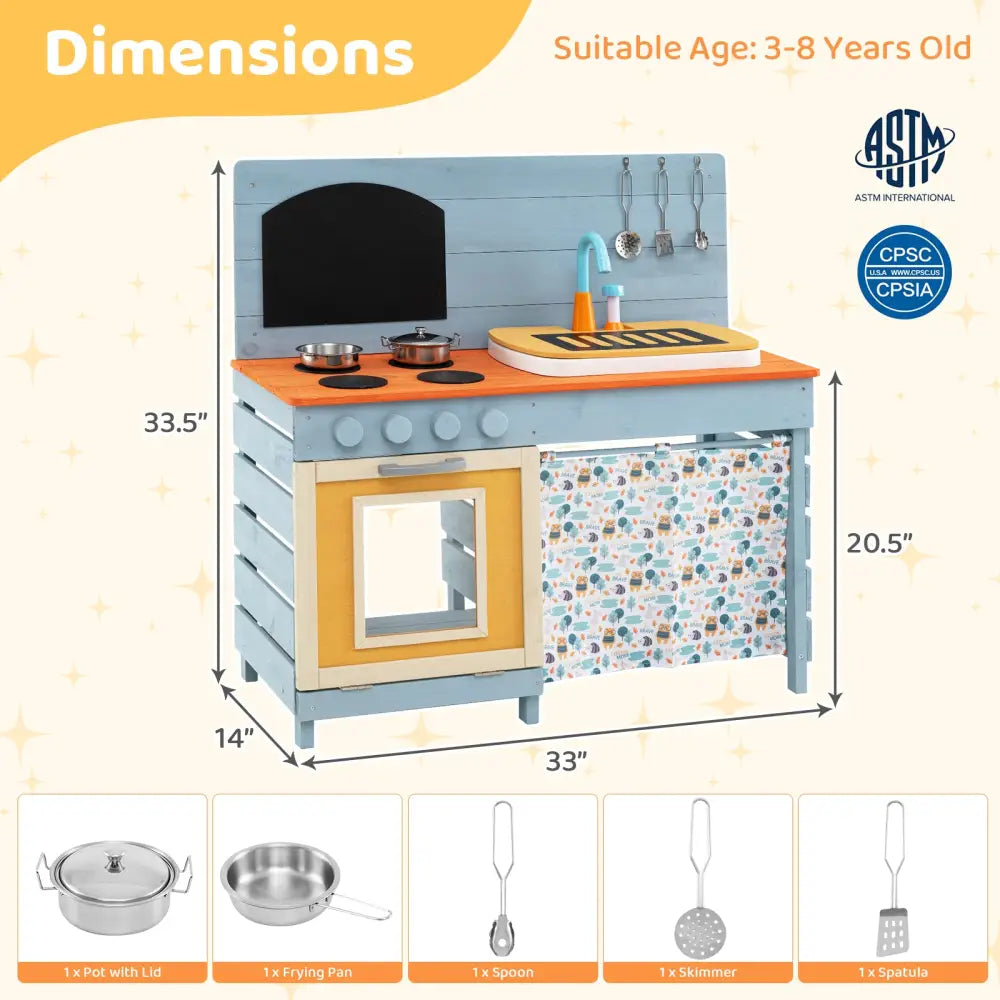 Wooden Toy Kitchen Playset with Removable Circulation Faucet and Cooking Accessories-Blue - Blue - Play Kitchen Sets