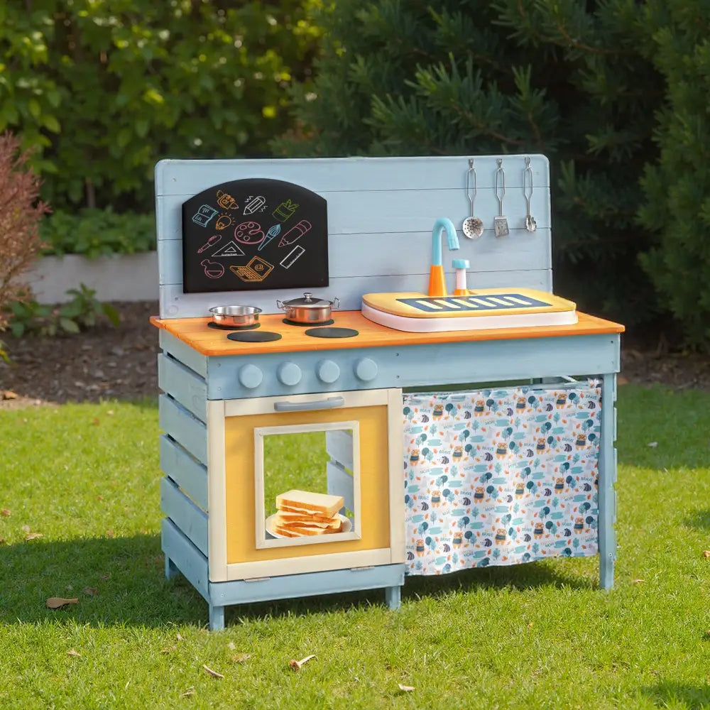 Wooden Toy Kitchen Playset with Removable Circulation Faucet and Cooking Accessories-Blue - Blue - Play Kitchen Sets