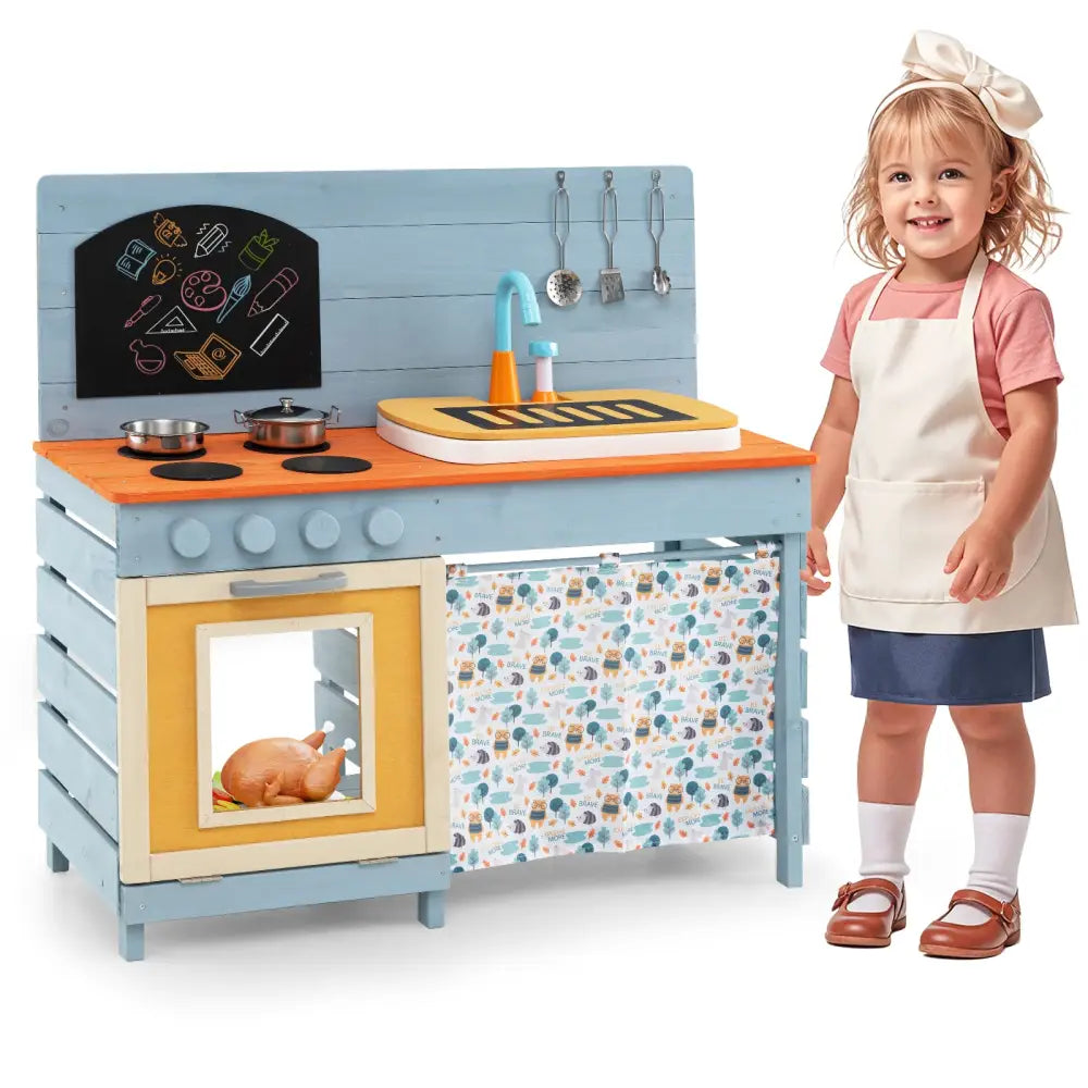 Wooden Toy Kitchen Playset with Removable Circulation Faucet and Cooking Accessories-Blue - Blue - Play Kitchen Sets