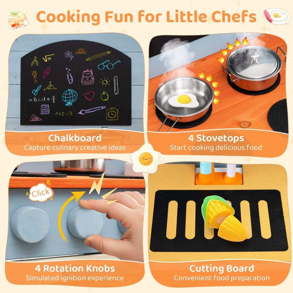 Wooden Toy Kitchen Playset with Removable Circulation Faucet and Cooking Accessories-Blue - Blue - Play Kitchen Sets