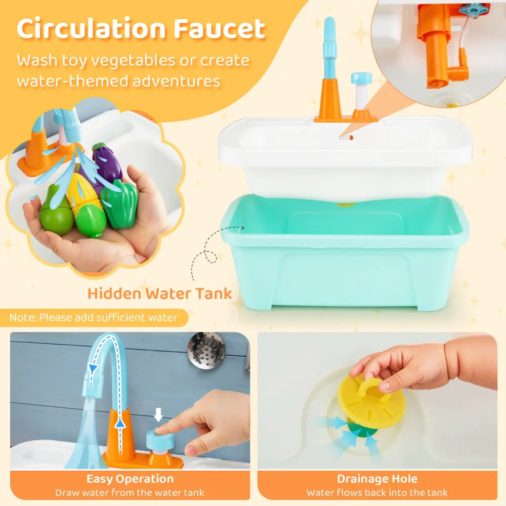 Wooden Toy Kitchen Playset with Removable Circulation Faucet and Cooking Accessories-Blue - Blue - Play Kitchen Sets
