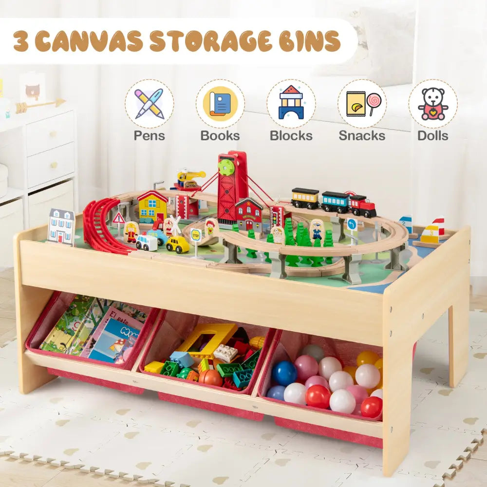 Wooden Train Set Table Kids Multipurpose Activity Play Table with 2 Reversible Tabletops-Red - Red - Learning Toys