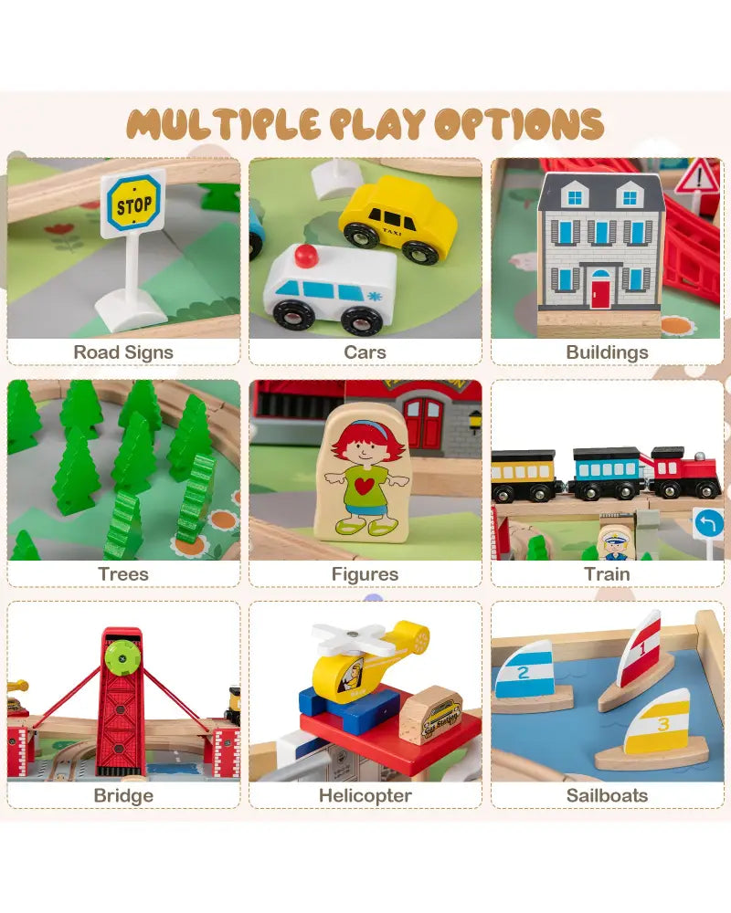 Wooden Train Set Table Kids Multipurpose Activity Play Table with 2 Reversible Tabletops-Red - Red - Learning Toys