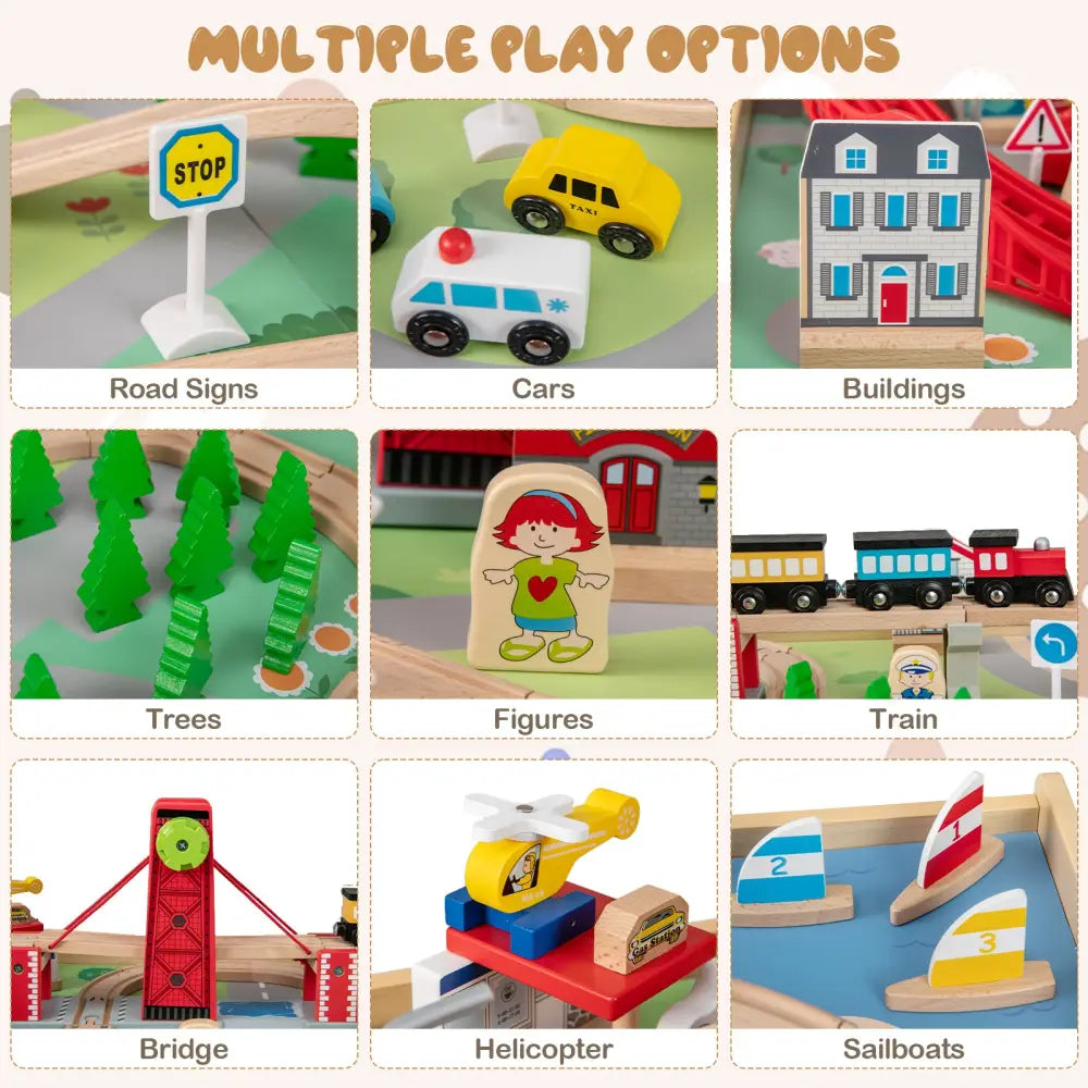 Wooden Train Set Table Kids Multipurpose Activity Play Table with 2 Reversible Tabletops-Red - Red - Learning Toys