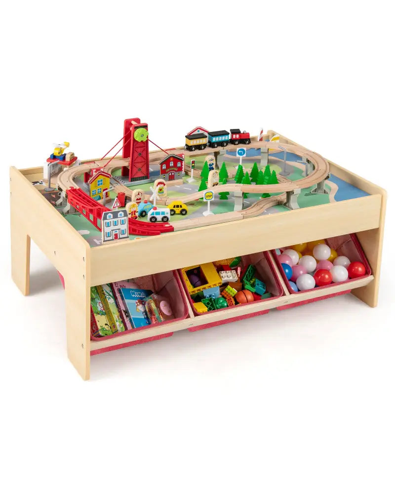 Wooden Train Set Table Kids Multipurpose Activity Play Table with 2 Reversible Tabletops-Red - Red - Learning Toys