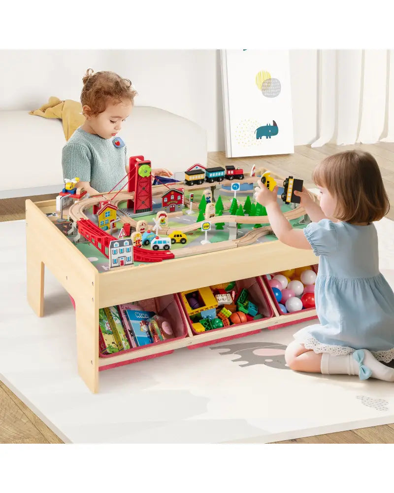 Wooden Train Set Table Kids Multipurpose Activity Play Table with 2 Reversible Tabletops-Red - Red - Learning Toys