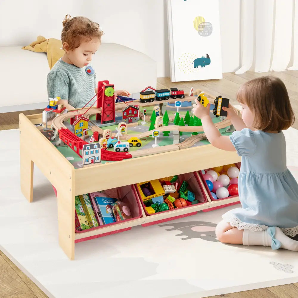 Wooden Train Set Table Kids Multipurpose Activity Play Table with 2 Reversible Tabletops-Red - Red - Learning Toys