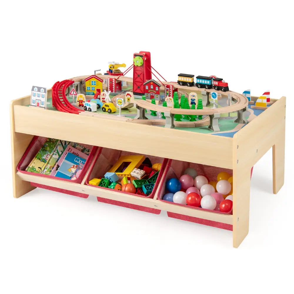 Wooden Train Set Table Kids Multipurpose Activity Play Table with 2 Reversible Tabletops-Red - Red - Learning Toys