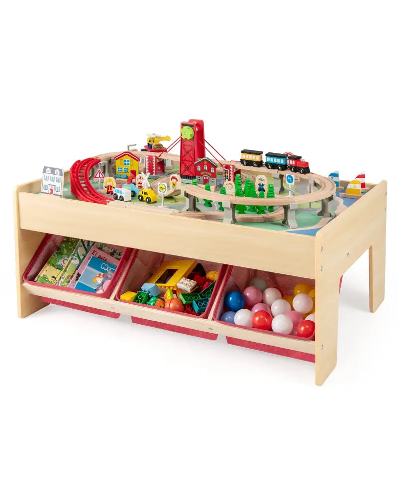 Wooden Train Set Table Kids Multipurpose Activity Play Table with 2 Reversible Tabletops-Red - Red - Learning Toys