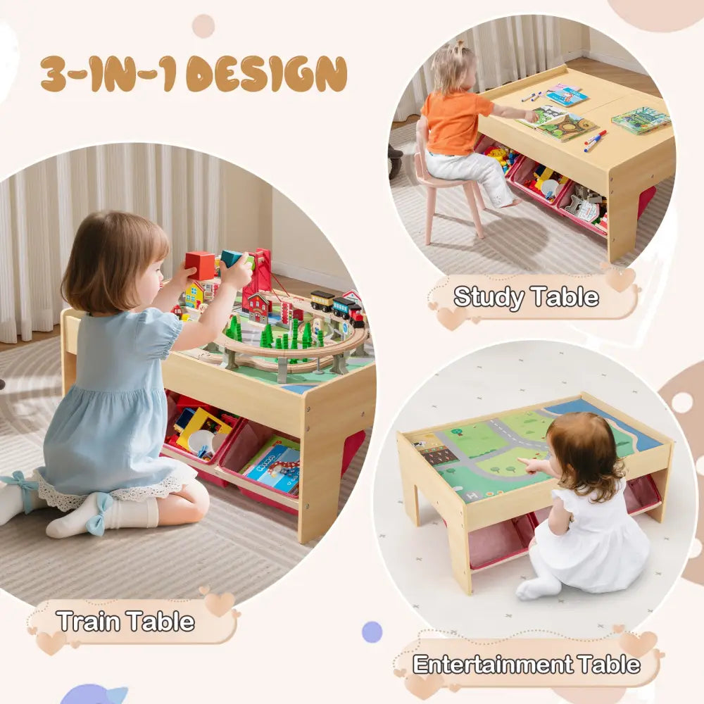 Wooden Train Set Table Kids Multipurpose Activity Play Table with 2 Reversible Tabletops-Red - Red - Learning Toys