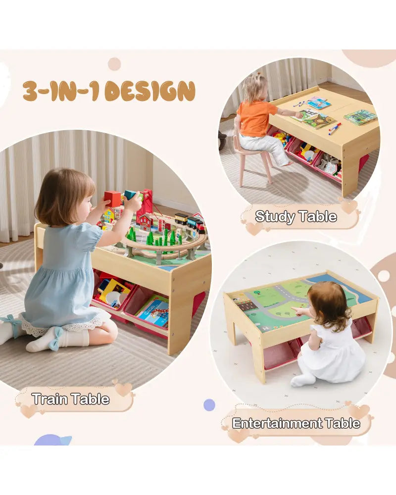 Wooden Train Set Table Kids Multipurpose Activity Play Table with 2 Reversible Tabletops-Red - Red - Learning Toys