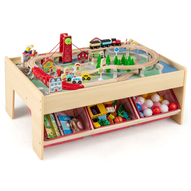 Wooden Train Set Table Kids Multipurpose Activity Play Table with 2 Reversible Tabletops-Red - Red - Learning Toys