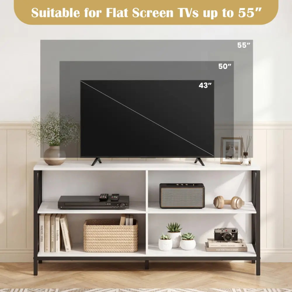 Wooden TV Stand Entertainment for TVs up to 55 Inch with X-Shaped Frame-White - White - Entertainment Centers & TV