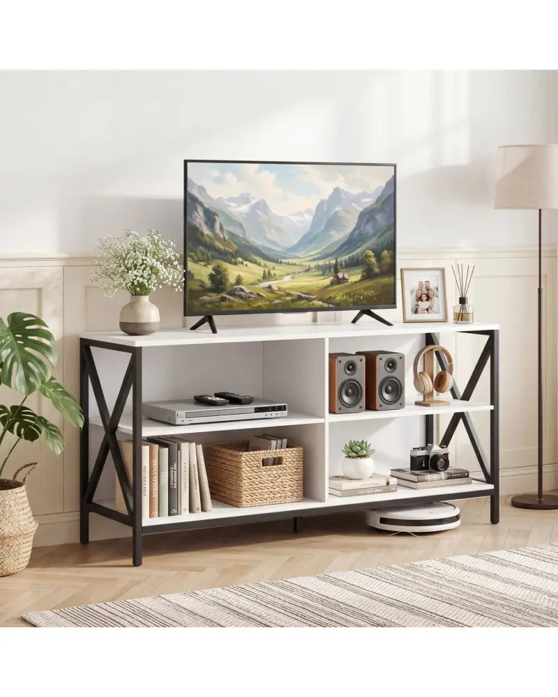 Wooden TV Stand Entertainment for TVs up to 55 Inch with X-Shaped Frame-White - White - Entertainment Centers & TV