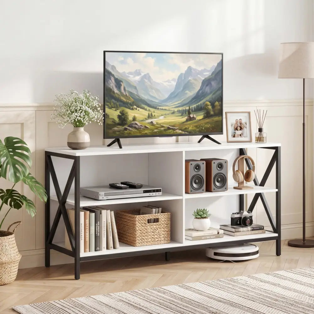 Wooden TV Stand Entertainment for TVs up to 55 Inch with X-Shaped Frame-White - White - Entertainment Centers & TV