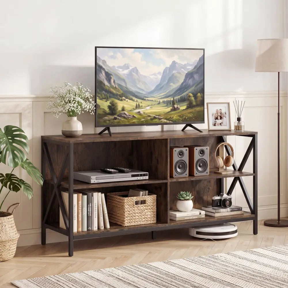 Wooden TV Stand Entertainment for TVs up to 55 Inch with X-Shaped Frame-Rustic Brown - Rustic Brown - Entertainment