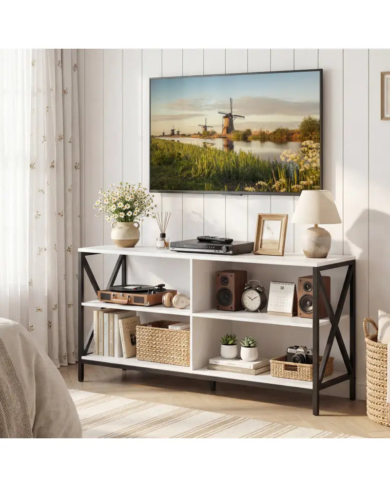 Wooden TV Stand Entertainment for TVs up to 55 Inch with X-Shaped Frame-White - White - Entertainment Centers & TV