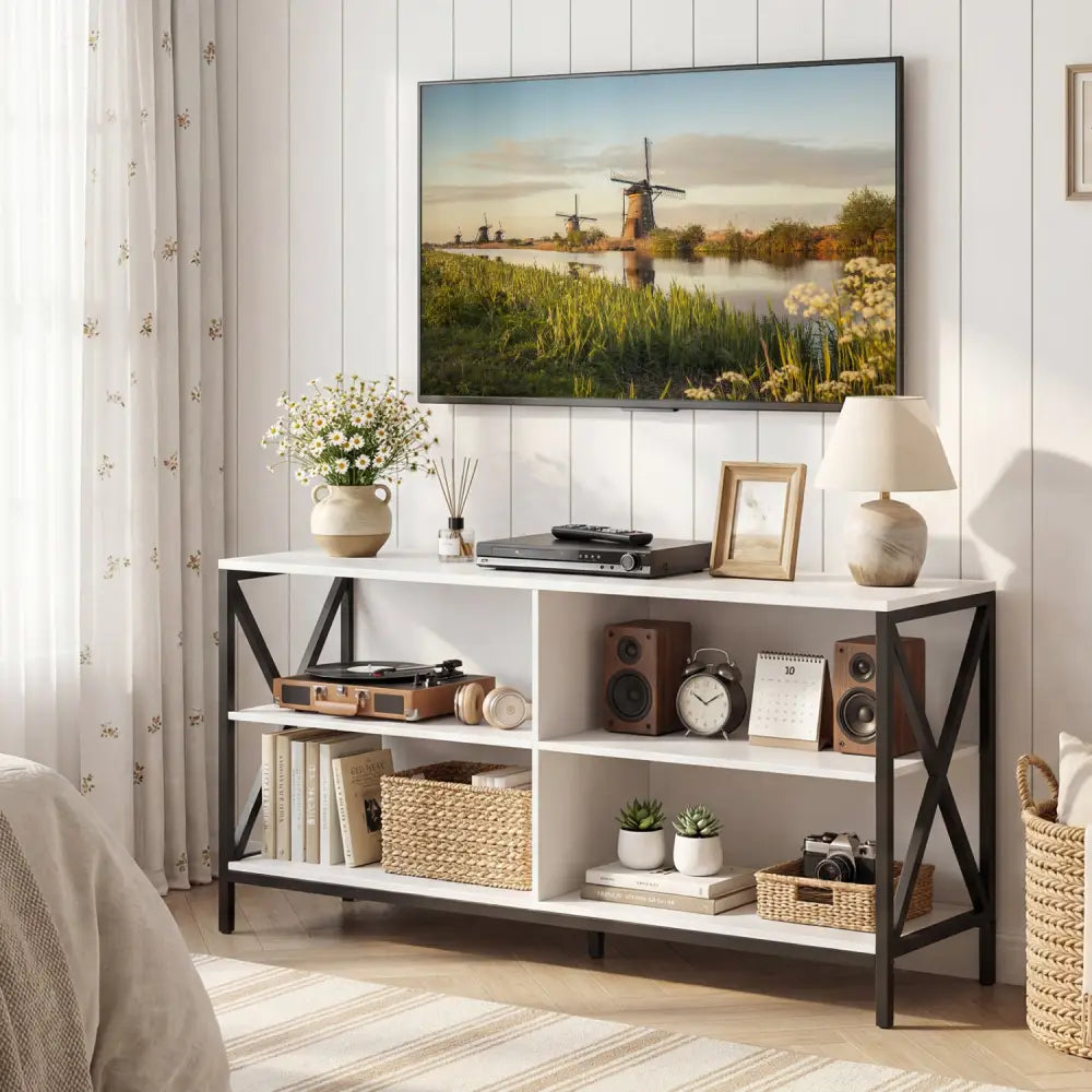 Wooden TV Stand Entertainment for TVs up to 55 Inch with X-Shaped Frame-White - White - Entertainment Centers & TV