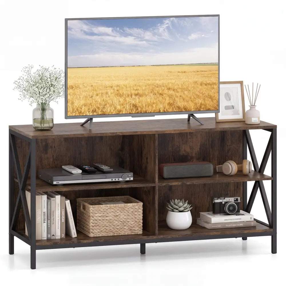 Wooden TV Stand Entertainment for TVs up to 55 Inch with X-Shaped Frame-Rustic Brown - Rustic Brown - Entertainment