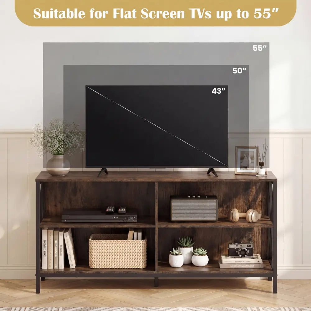 Wooden TV Stand Entertainment for TVs up to 55 Inch with X-Shaped Frame-Rustic Brown - Rustic Brown - Entertainment