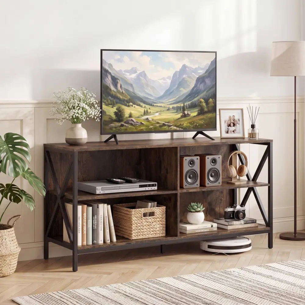 Wooden TV Stand Entertainment for TVs up to 55 Inch with X-Shaped Frame-Rustic Brown - Rustic Brown - Entertainment