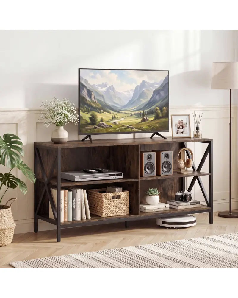 Wooden TV Stand Entertainment for TVs up to 55 Inch with X-Shaped Frame-Rustic Brown - Rustic Brown - Entertainment