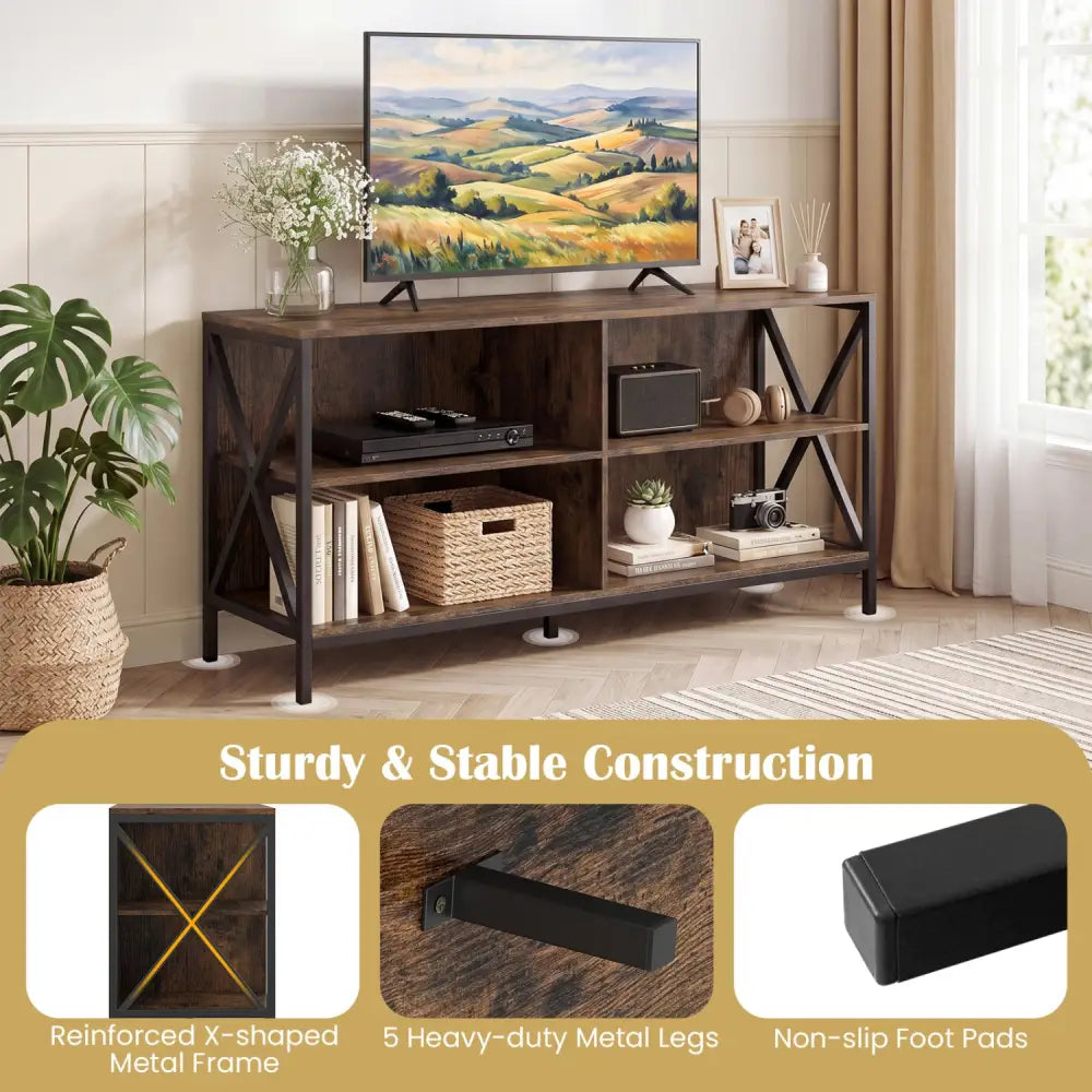 Wooden TV Stand Entertainment for TVs up to 55 Inch with X-Shaped Frame-Rustic Brown - Rustic Brown - Entertainment