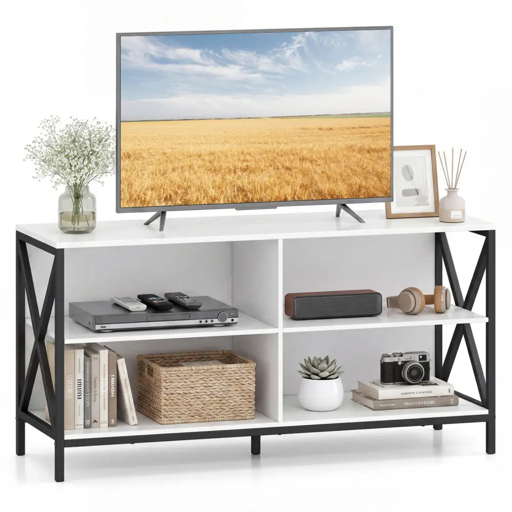 Wooden TV Stand Entertainment for TVs up to 55 Inch with X-Shaped Frame-White - White - Entertainment Centers & TV