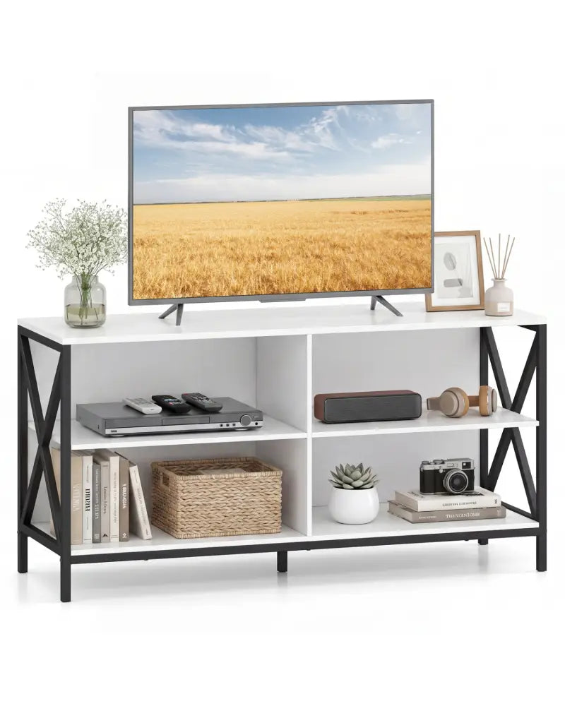 Wooden TV Stand Entertainment for TVs up to 55 Inch with X-Shaped Frame-White - White - Entertainment Centers & TV